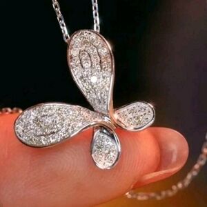 1Ct Round Cut Real Moissanite Pretty Butterfly Pendant 14K white Gold Plated 18"